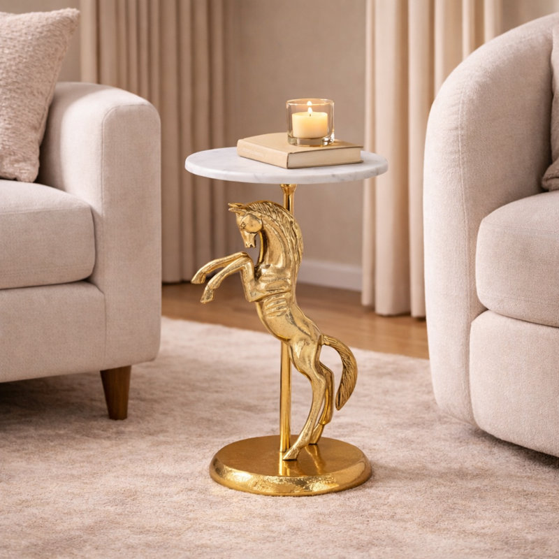 Horse Side Table with White Marble Top | Decorative Sculptural End Table | Aluminum Base | Gold Accent Table for Living Room | 10x10x25.5"