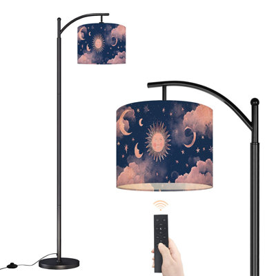 Arc Floor Lamp with Adjustable Lampshade Seamless cosmic sun crescent moon vintage astrology Sun face Standing Lamp 3 Color Temperatures Dimmable Tall Pole Lamp with Foot Switch for Bedroom