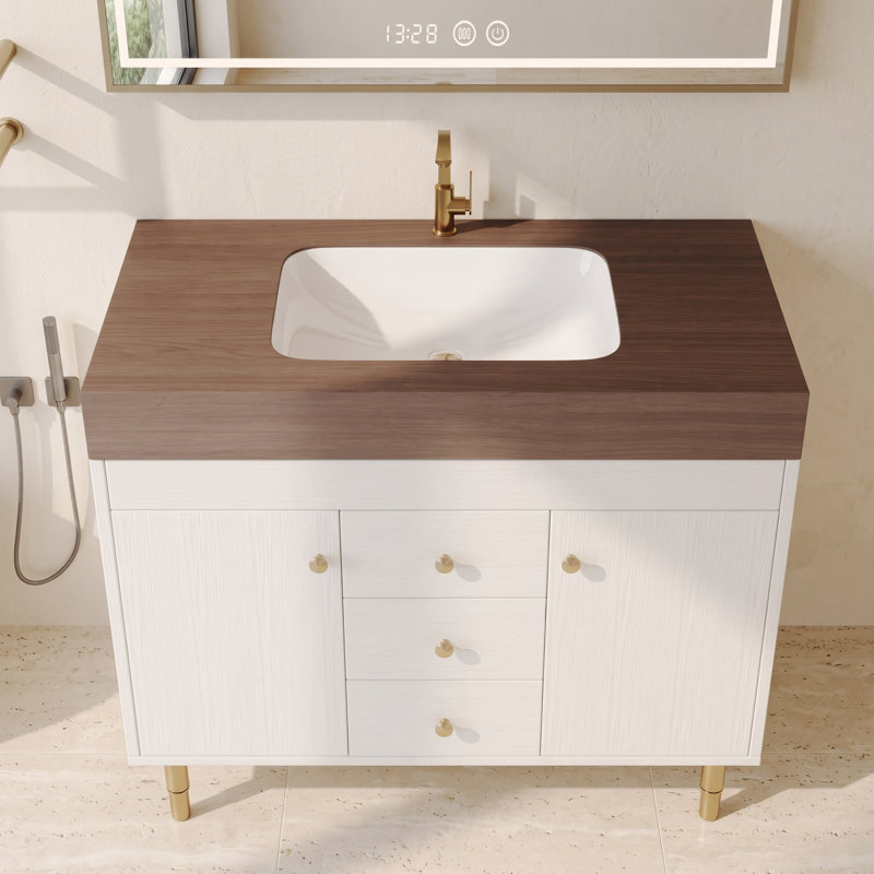 Meuble-lavabo simple autoportant blanc de 91 cm (36 po) avec lavabo en céramique, comptoir en pierre frittée brun chaud et 3 tiroirs.