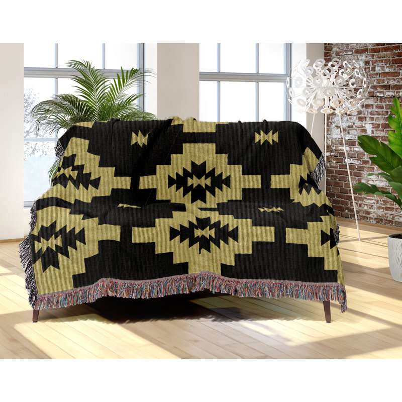 Couverture en mélange de coton Hinto South Western, Or terne / blanc cassé, L 80 po x l 60 po