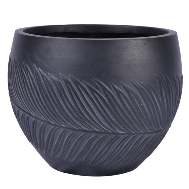 Leaf Embossed Concrete Effect Ball Round Planter, Frostproof Outdoor Plant Pot, Black Round Garden Planter with Drainage Holes