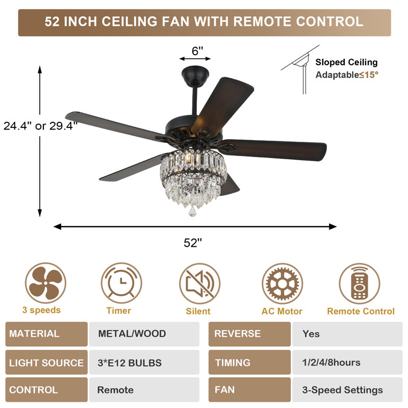 52 Inch Modern Crystal Ceiling Fan With Remote Control, 3 Speeds Reversible Ceiling Fan For Bedroom, Black