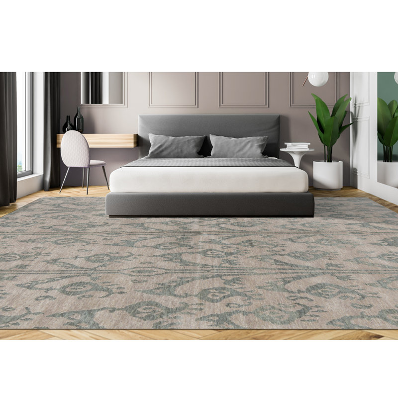 Hand-Knotted High-Quality Green and Beige Area Rug