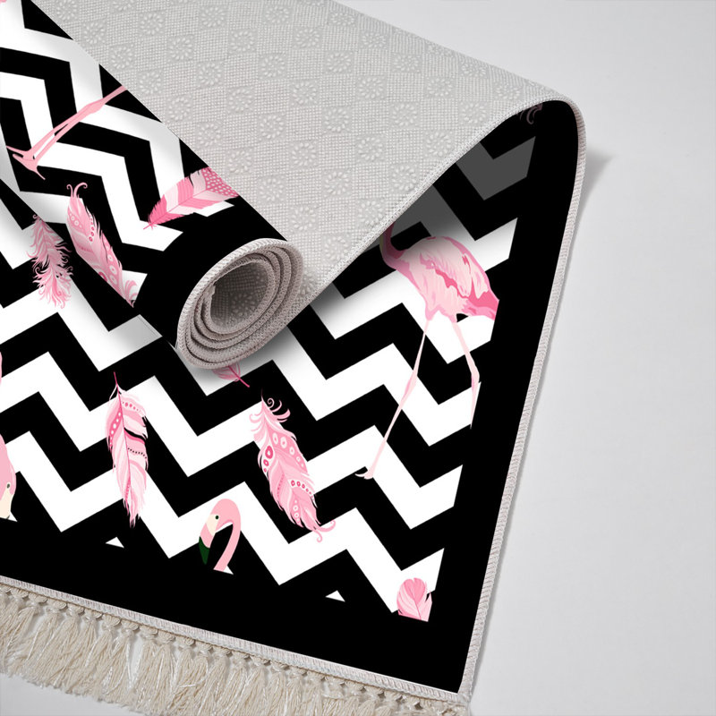 Tapis à chevrons en polyester tissé à plat noir / blanc / rose Noreen, Rectangle 2 pi 7 po x 4 pi 11 po