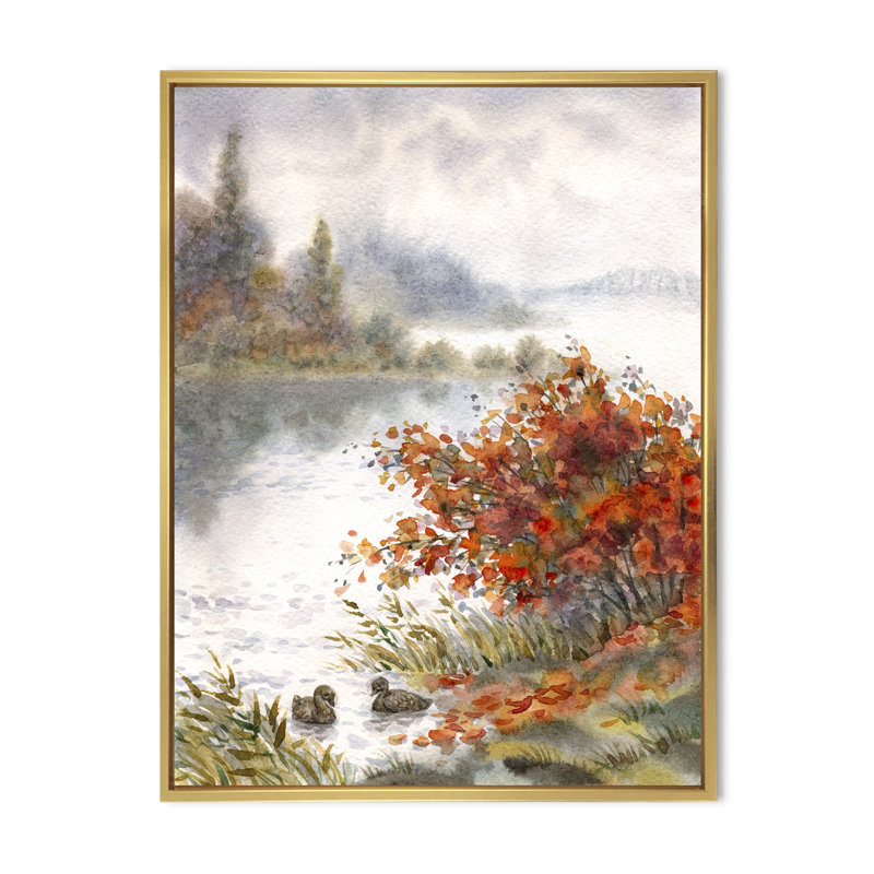 Vue du lac en automne - reproduction sur toile, H 32 po x l 24 po x P 1 po, Toile encadrée d'or