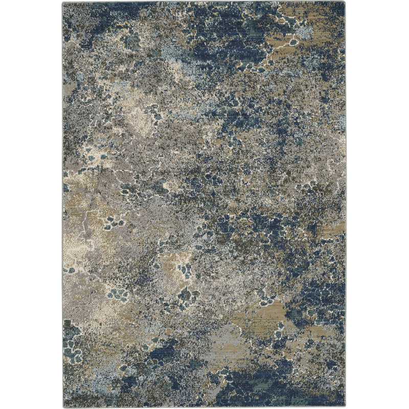 Tapis bleu / beige en laine à motif abstrait tissé à la machine 5 pi 6 po x 8 pi