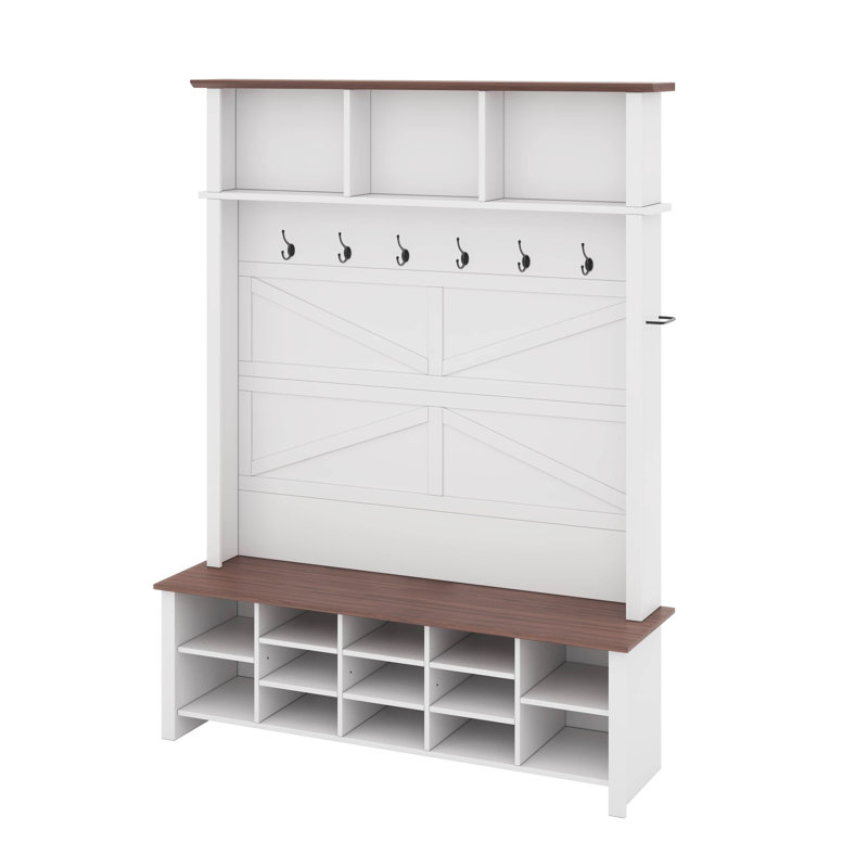 Home Hall Tree With Bench And Shoe Storage, Entryway Bench With Coat Rack, Adjustable Shoe Cubbies, Open Shelves And Hanging Hooks