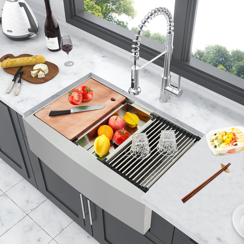 30" Farmhouse Kitchen Sink with Ledge Workstation 304 Stainless Steel Single Bowl Sink Basin with Accessories