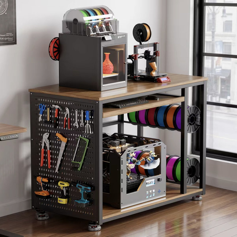 Support pour imprimante 3D avec plan de travail à filament, grande table d'imprimante 3D à 3 niveaux avec prise de courant et roulettes de nivellement, bureau pour imprimante à roulettes robuste avec panneau perforé pour atelier / bureau / studio