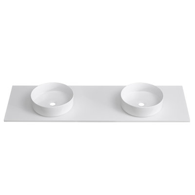 60" White Quartz Stone Bathroom Vanity Top With Double Round Ceramic Vessel Sinks