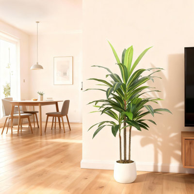 47Inch Artificial Dracaena Tree with Free White PP Planter - Faux Green Plant for Home, Office & Living Room Indoor Décor