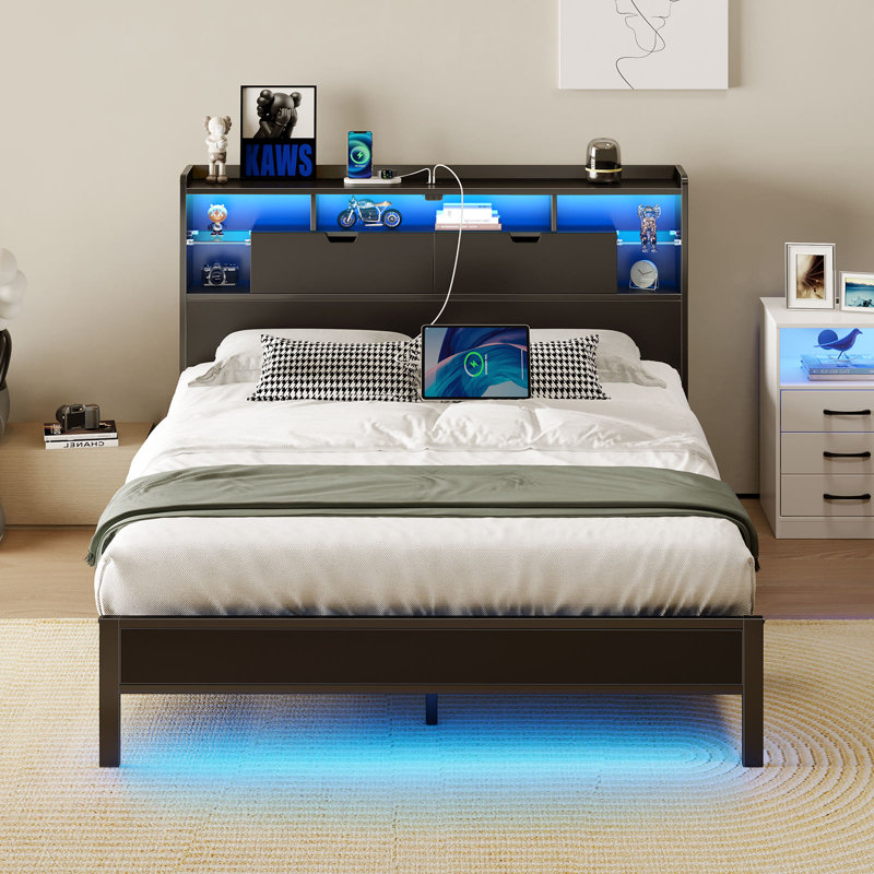 Zohreh Metal Bookcase Storage Bed with RGB LED Lights and Charging Station, Full/Double