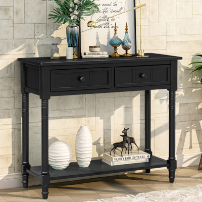 Farmhouse Narrow Console Table With 2 Drawers And Bottom Shelf
