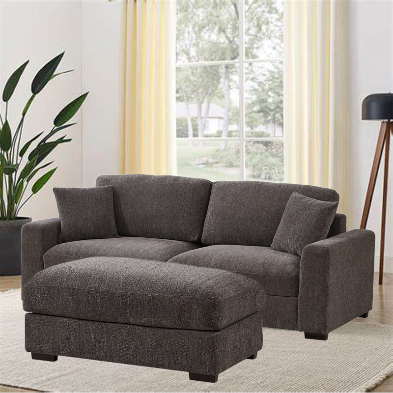 Aniessa 92'' Upholstered Sofa with Reversible Ottoman, Dark Gray Polyester Blend