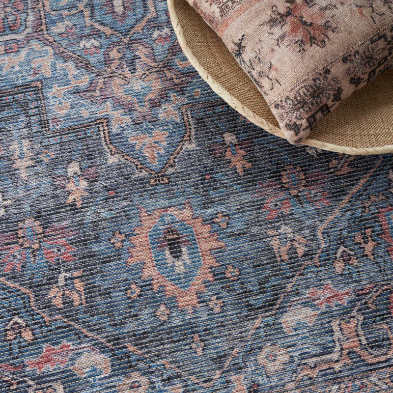 Medallion Machine Washable Polyester Area Rug in Light Blue/Orange/Gray, Rectangle 6' x 9'