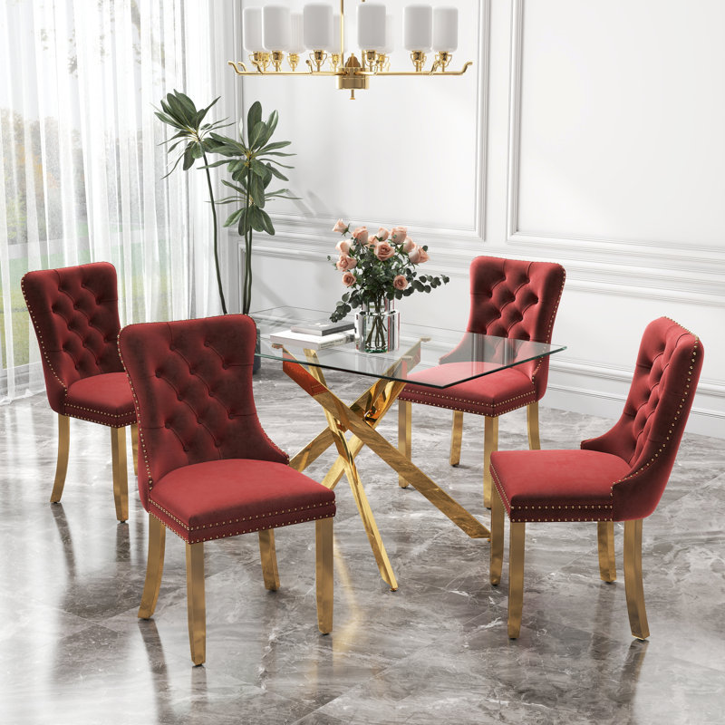Ensemble de table de salle à manger rectangulaire en verre trempé, table de salle à manger de luxe avec chaise de salle à manger en velours capitonné