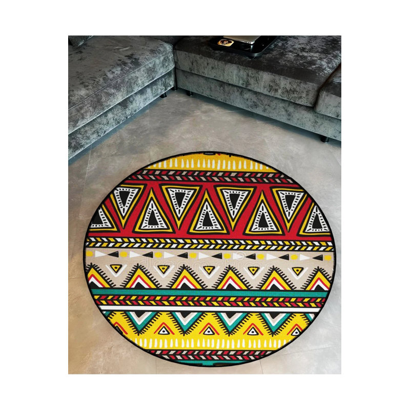 Multicolored Triangle Detailed Woven Base Modern Decorative Carpet, Round 5'