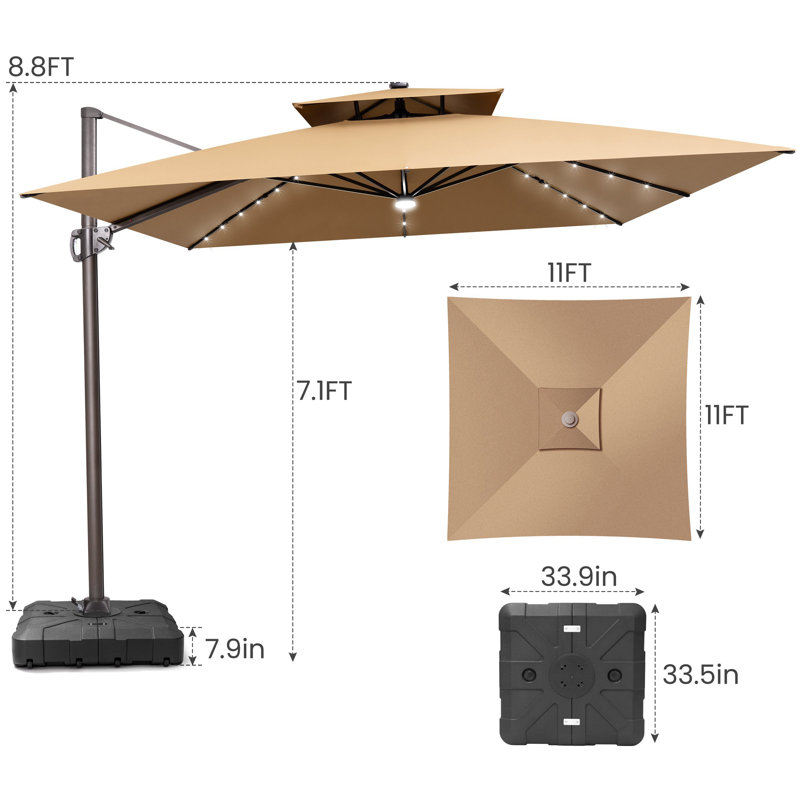  11' X 11' Solar LED Lights Cantilever Patio Umbrella with Counterweights Base, Tan