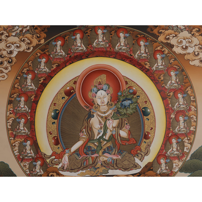 Déesse Tara blanche assise sur Aasana - Bouddhiste tibétain (Thangka Brocadeless)