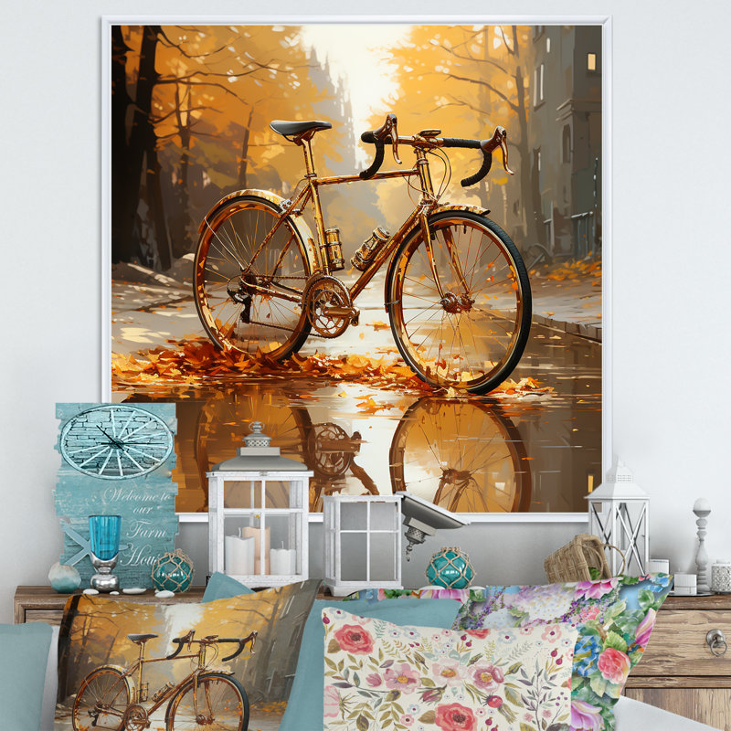 Golden Wheels, bicyclette I, sur toile, H 36 po x l 36 po x P 1,5 po, Cadre flottant blanc