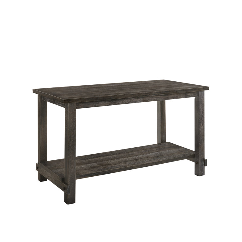 Table haute de comptoir grise II - Bois synthétique, pieds carrés droits, tablette de rangement inférieure intégrée. Matériau : bois. Disponible.