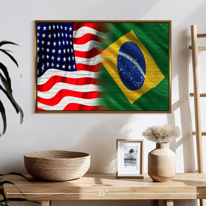 Drapeau des États-Unis et du Brésil, 25 po x 17 po, Cadre flottant doré