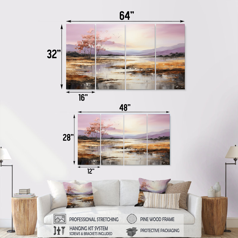 Mauve et or, lac et montagne I - ensemble d'art mural 4 pièces, H 28 po x l 48 po