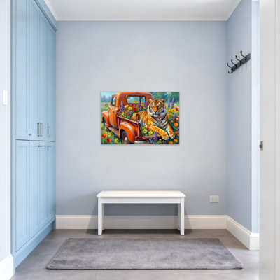Animals Tiger In Orange Truck With Flowers