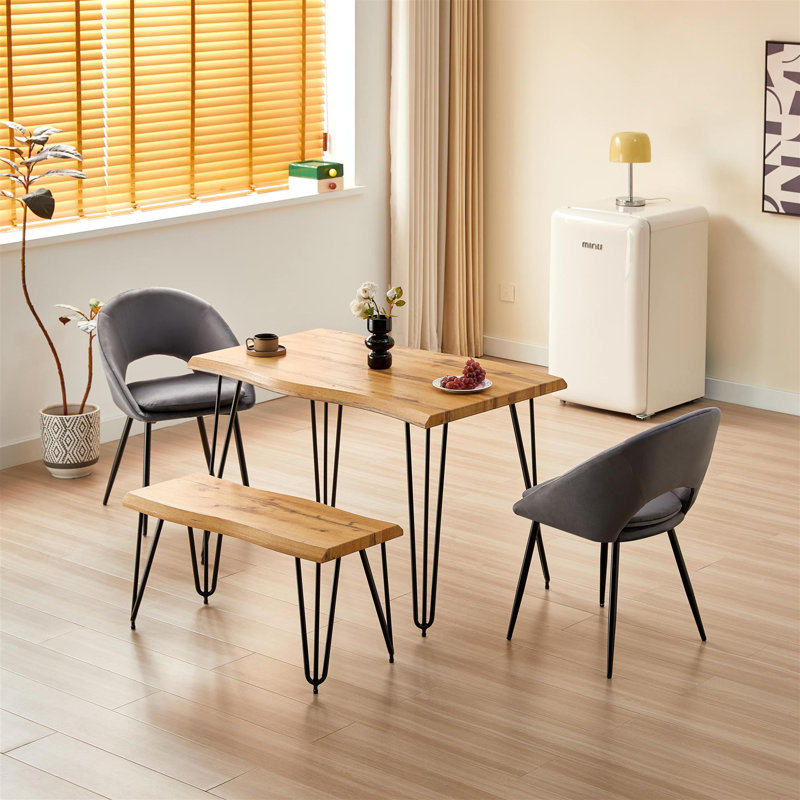 Dining Table(75cm) with 1 Bench and 2 Grey Velvet Chairs Set, 75cmH x 140cmL x 80cmW