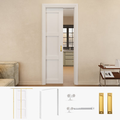 Porte coulissante 3 pièces 30 "x 80" avec poignées dorées et cadre de porte blanc