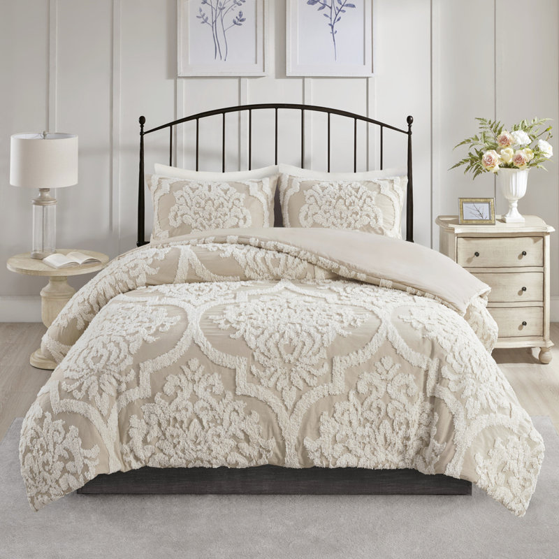 3 pièces en édredon en coton chenille, double / grand, style taupe Elegance double / grand