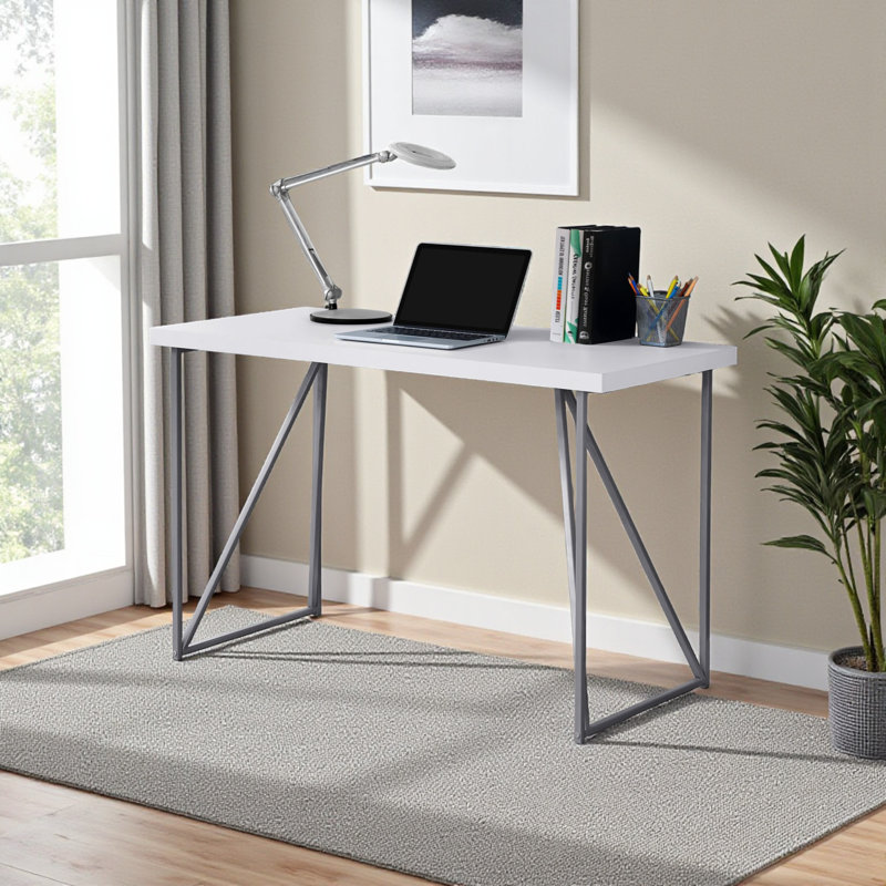 Elia White Finished Computer Desk with Silver Metal Legs, 29.79" H X 47.1" W X 21.84" D