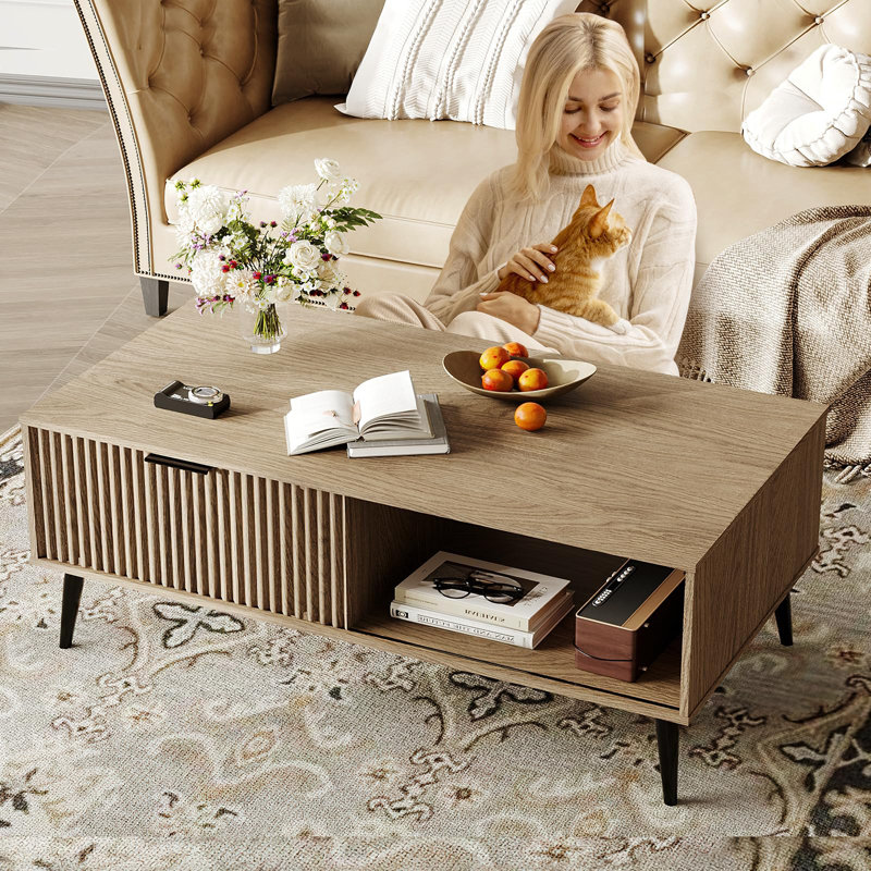 Table basse avec rangement, table basse rectangulaire en bois avec porte coulissante et pieds en bois massif, Bois naturel