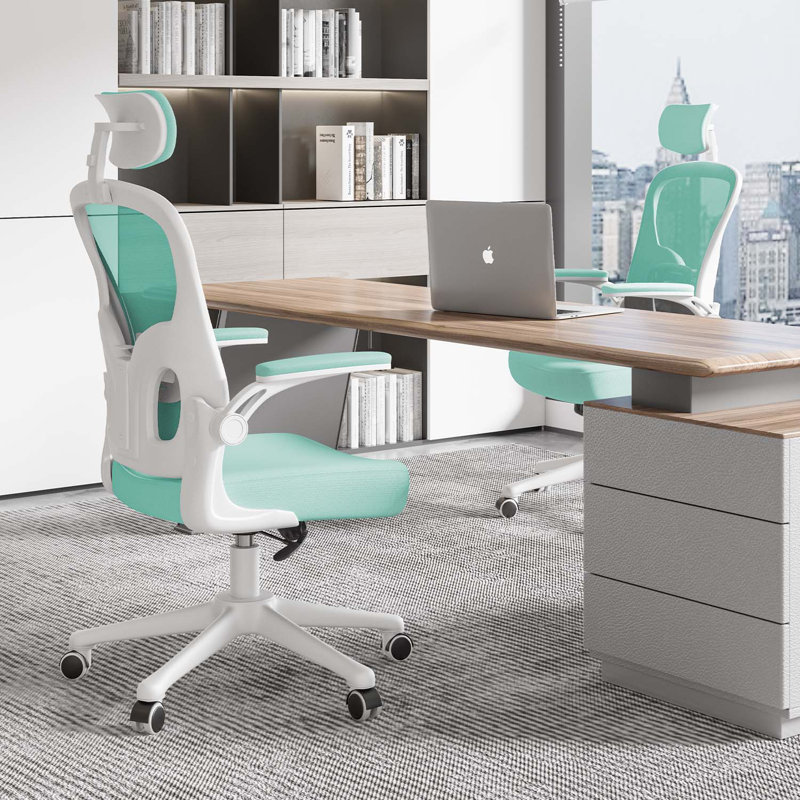 Mesh Office Chair with Headrest, White/Green