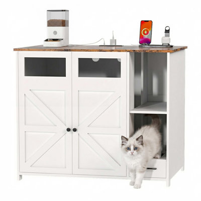 Hidden Cat Litter Box Enclosure Furniture – Large Dog-Proof Cabinet with Power Strip, Compatible with Self-Cleaning Boxes