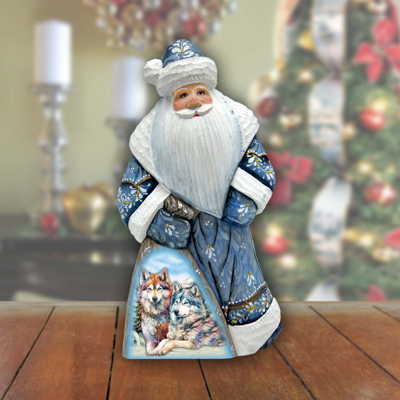 Winter Wolves Santa In Blue Hand-Painted Wood Carved Masterpiece By G. Debrekht