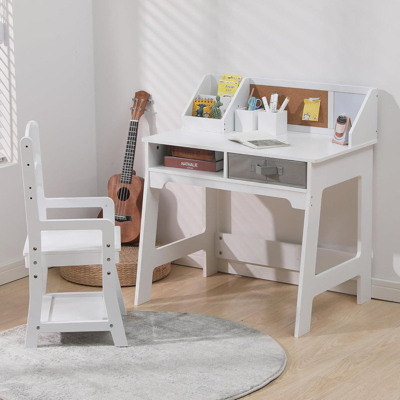 Ensemble de bureau et chaise en bois pour enfants avec huche de rangement, chaise réglable, babillard - table d'étude blanche