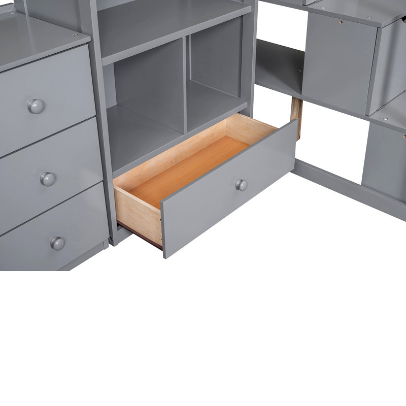 Lit mezzanine avec bureau en L et tiroirs, armoire et escalier de rangement, Gris