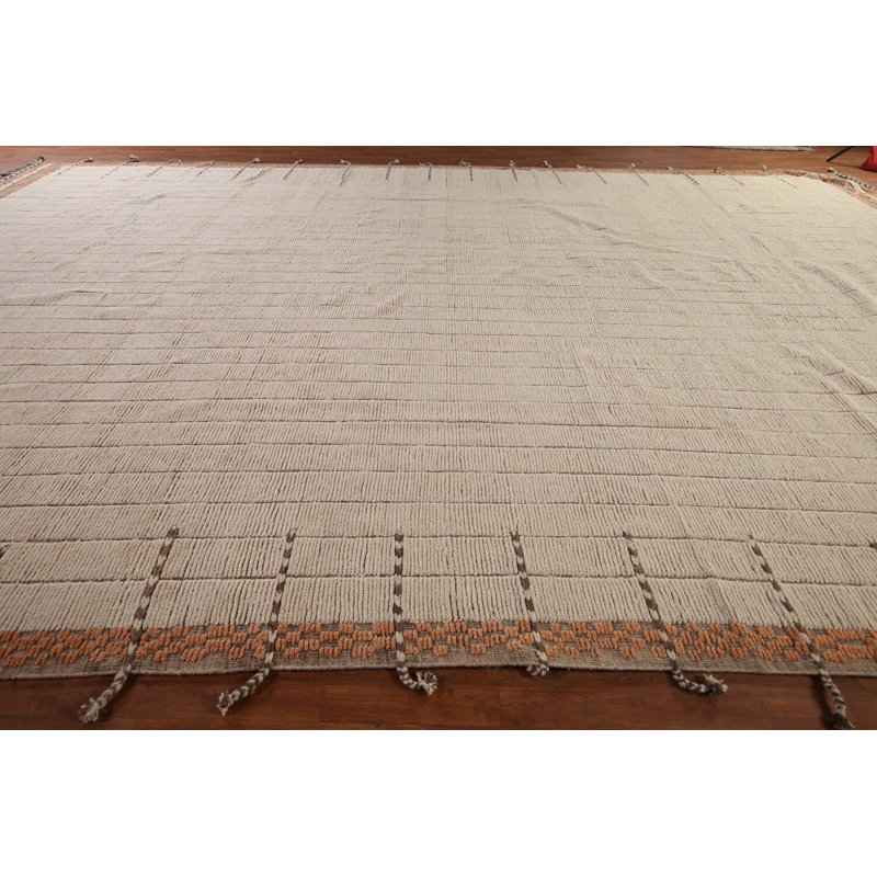 Tapis rayé ivoire marocain en laine 14 x 22