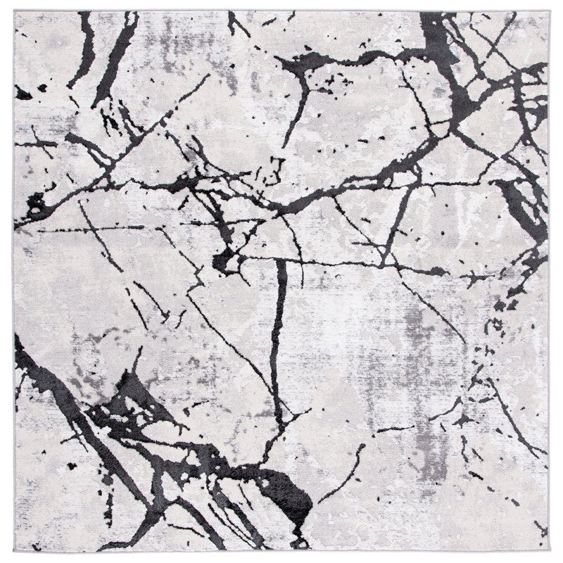Tapis gris / noir abstrait Metzger, Carré 6 pi 7 po
