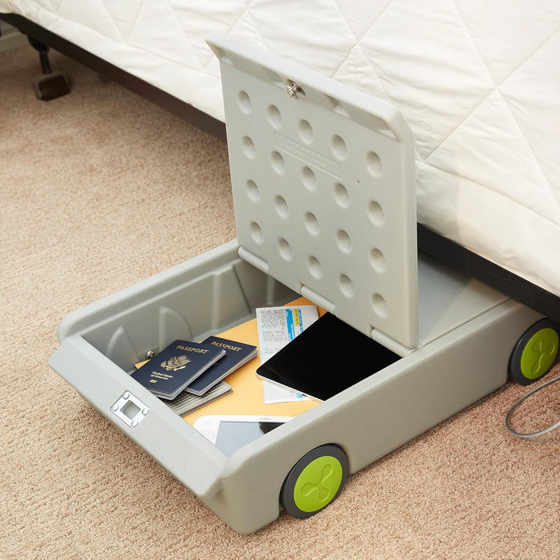 Lock And Roll Personal Safe With Steel Cable, Under-Bed Storage Box For Laptops, Tablets, And Documents, Key-Locking Lid And Wheels For Secure Travel And Home Use