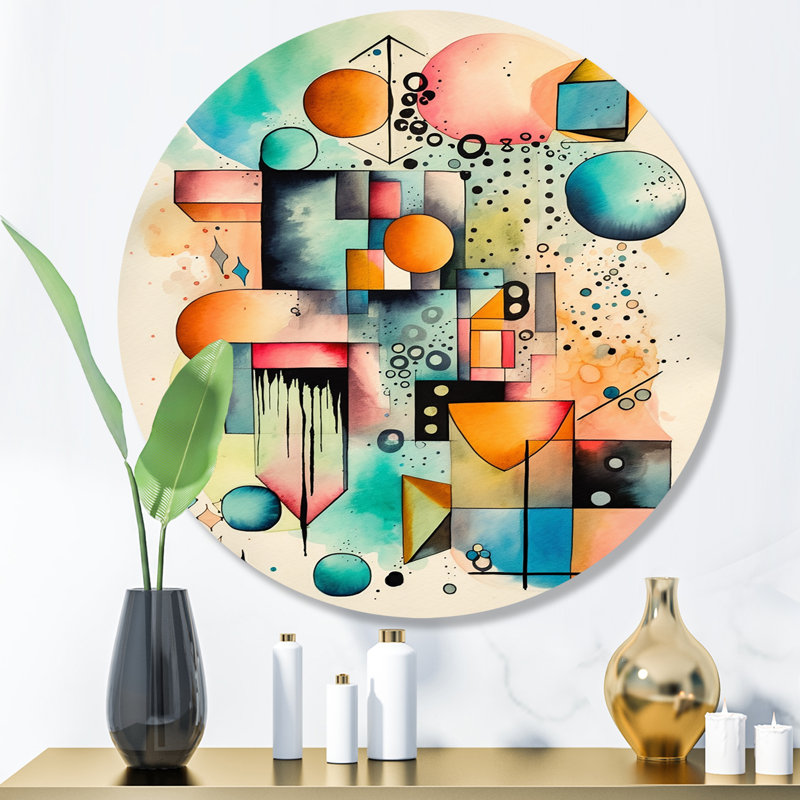 «Blue and Orange Geometric Balance III», art mural rond abstrait géométrique sur métal, H 16 po x l 16 po x P 1 po