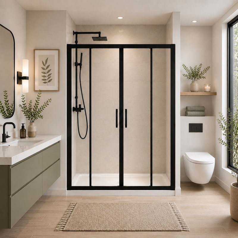 Porte de douche coulissante à double cadre 60 po x l 72 po avec verre trempé clair de 1/4 po (6 mm), finition noir mat