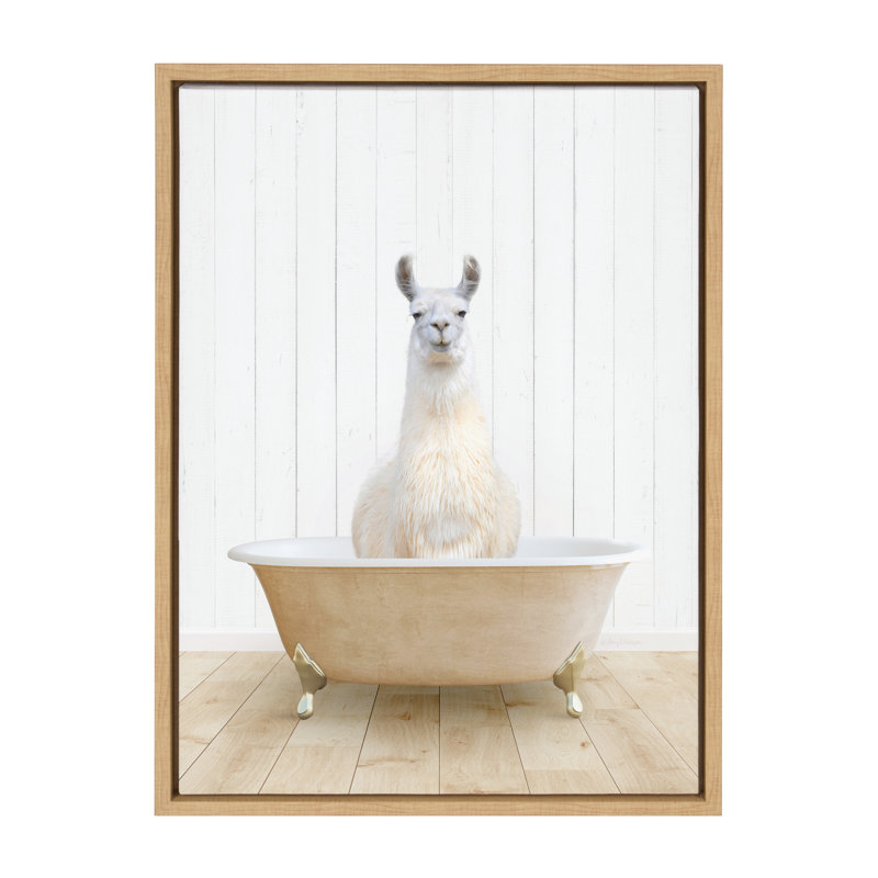 «Llama Farmhouse Bath» par Amy Peterson, reproduction d'art sur toile encadrée, Naturel