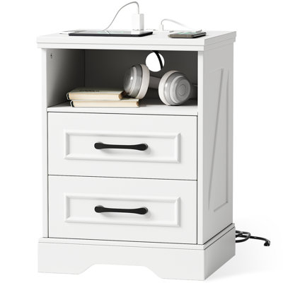 Table de chevet Valera Farmhouse avec station de charge, 2 grands tiroirs et 2 ports USB avec rangement ouvert