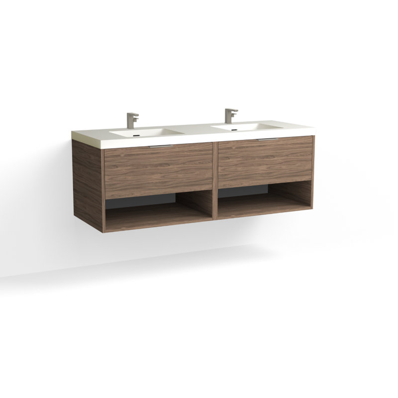 Modo 60" W Wall Mounted Double Bathroom Vanity, Glossy White/Single, Satin Nickel, White Acrylic