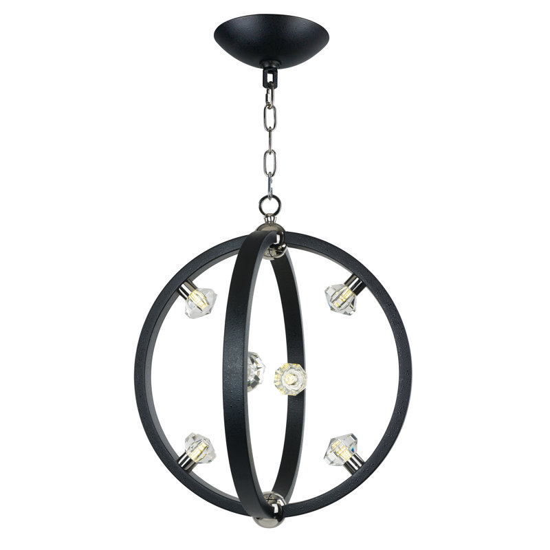 6 - Light Dimmable Globe Chandelier, Textured Black/Polished Nickel