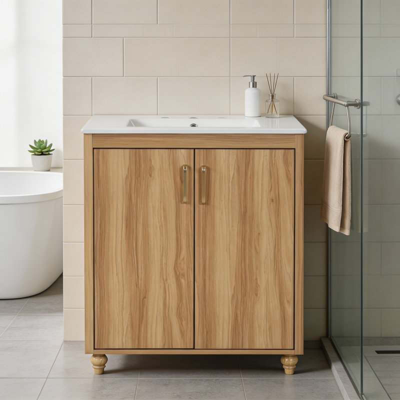 Ensemble de meuble-lavabo naturel 30 po avec lavabo Armoire polyvalente avec portes et tiroir; Fabrication en panneau de fibres à densité moyenne