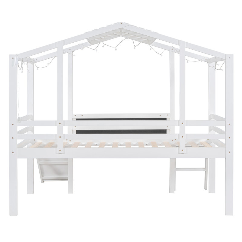 Lit mezzanine simple avec échelle, glissoire, tableau noir et bande lumineuse sur le toit - Lit mezzanine blanc pour enfants, peu encombrant