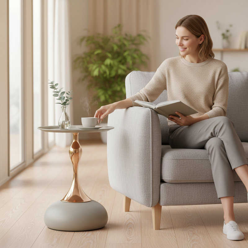 Modern Metal Round Tray Side Table With Pedestal Base, Matte Gray